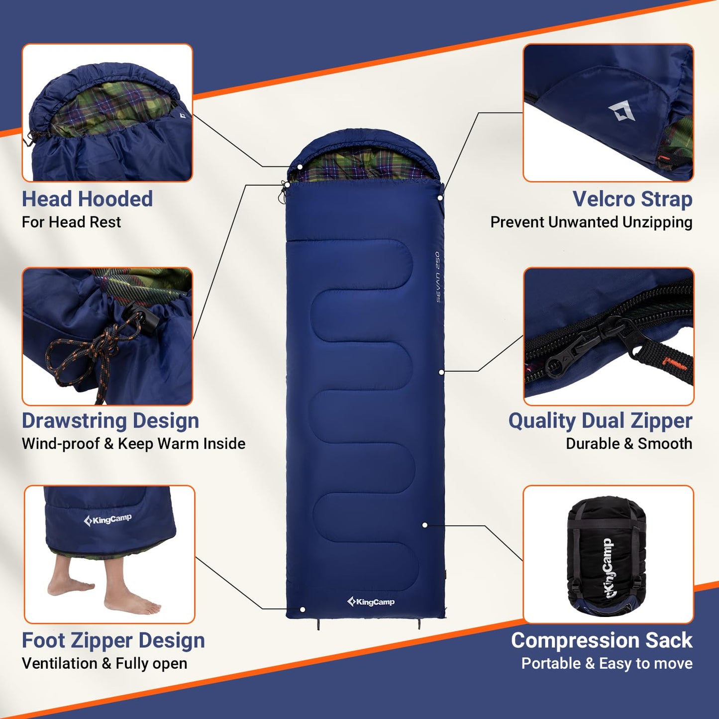 KingCamp SEVAN 250 Sleeping Bag-Envelope With Hood