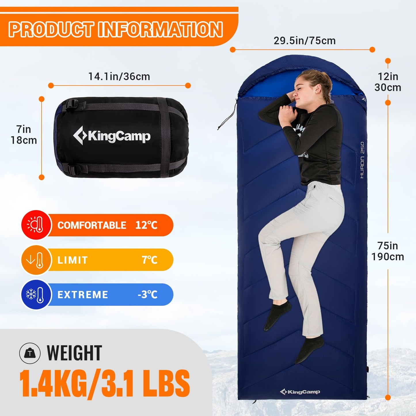 KingCamp HURON 250 Hooded Rectangular Sleeping Bag