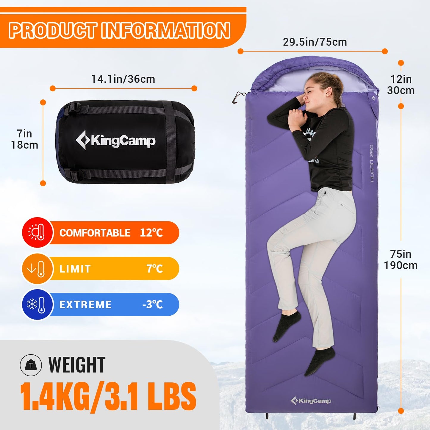 KingCamp HURON 250 Hooded Rectangular Sleeping Bag