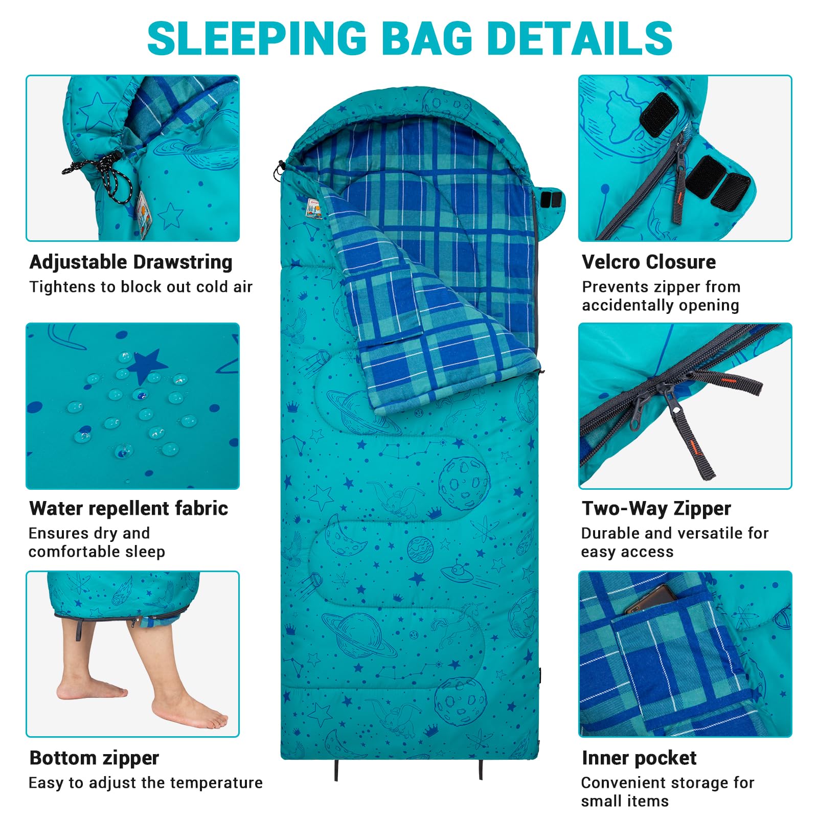 KingCamp Galaxy Zoo C 300 Kids' Hooded Sleeping Bag with Adjustable Drawstring