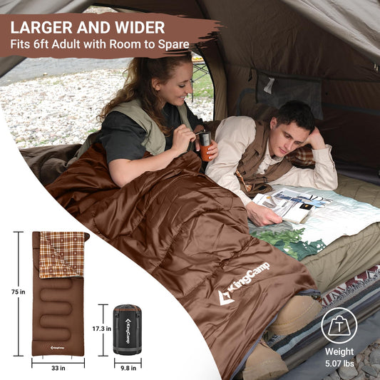 KingCamp SNOWFLAKE 400 Versatile All-Season Sleeping Bag ¨C Wide, Convertible to Double, Flannel Lined for Camping, Hiking, and Outdoor Adventures