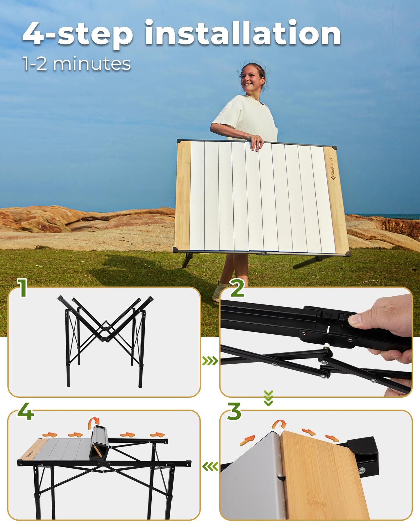 KingCamp Hybrid Aluminum Roll-Top Table with Bamboo Extensions