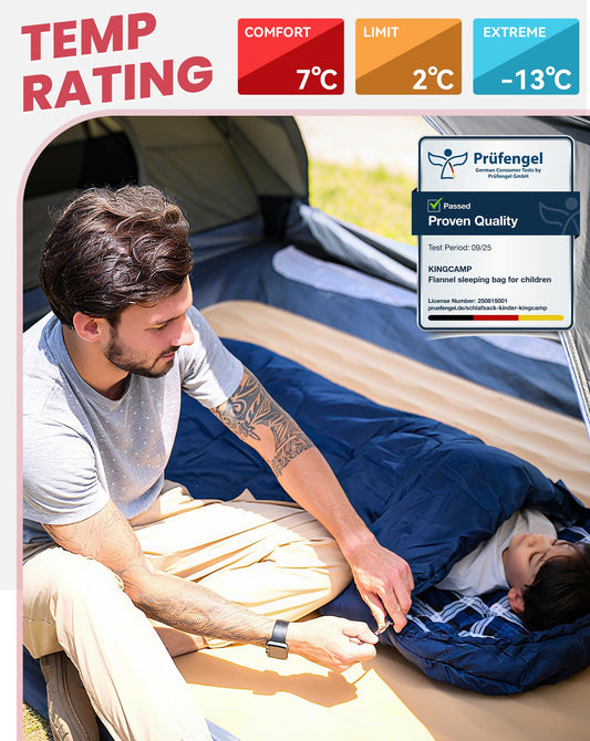 KingCamp CLOUDY Envelope Sleeping Bag with Hood for Children | Water-Resistant & Machine Washable