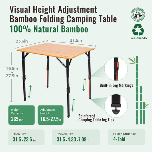 NEW | KingCamp BamAura 4Fold 8060 PLUS Bamboo Camping Table with Adjustable Legs 31.5" x 23.6"