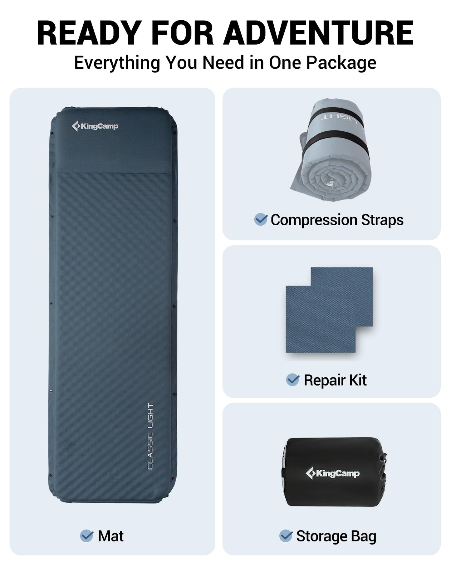 KingCamp Single Self-inflating pad PRO 3.0 Sleeping Mat – 3cm Foam Built-in Pillow 77.2 × 25.2 × 1.2in