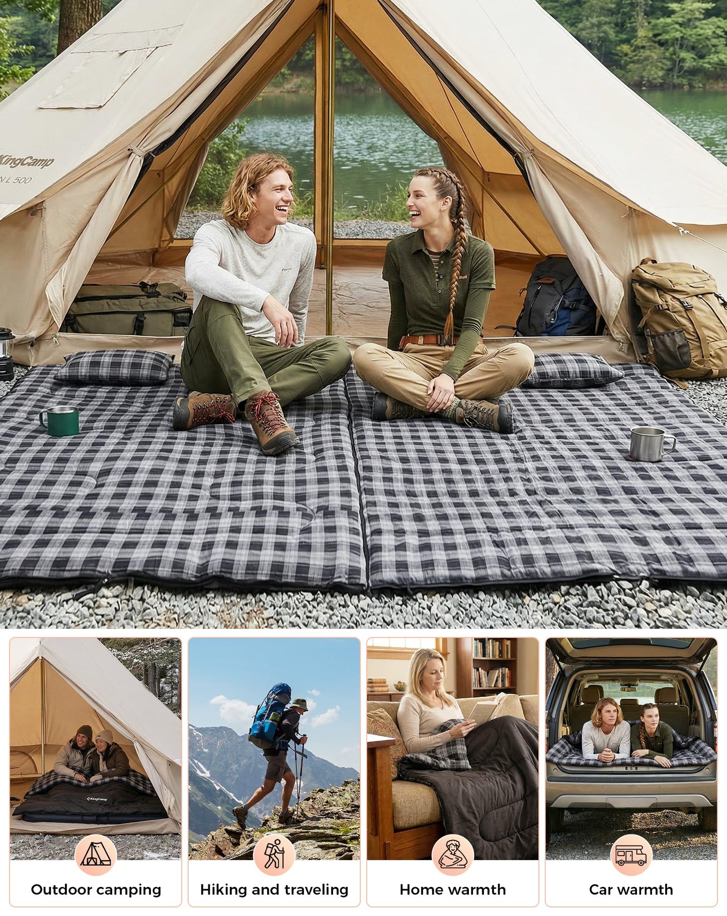 NEW | KingCamp Trippy C 450D Double Sleeping Bag with Pillows – Cotton Flannel 4-Season Comfort