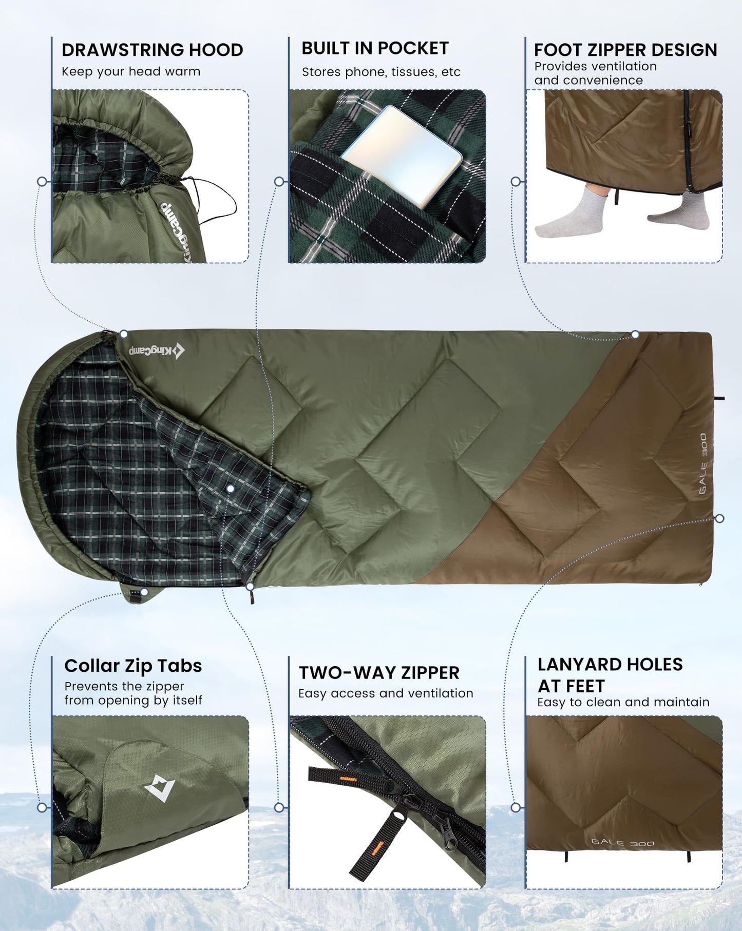 KingCamp GALE 300 Sleeping Bag-Envelope With Hood