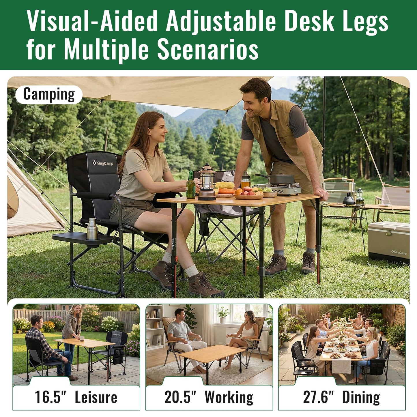 NEW | KingCamp BamAura 4Fold 10065 PLUS Bamboo Camping Table with Adjustable Legs 39.4 x 25.6 in