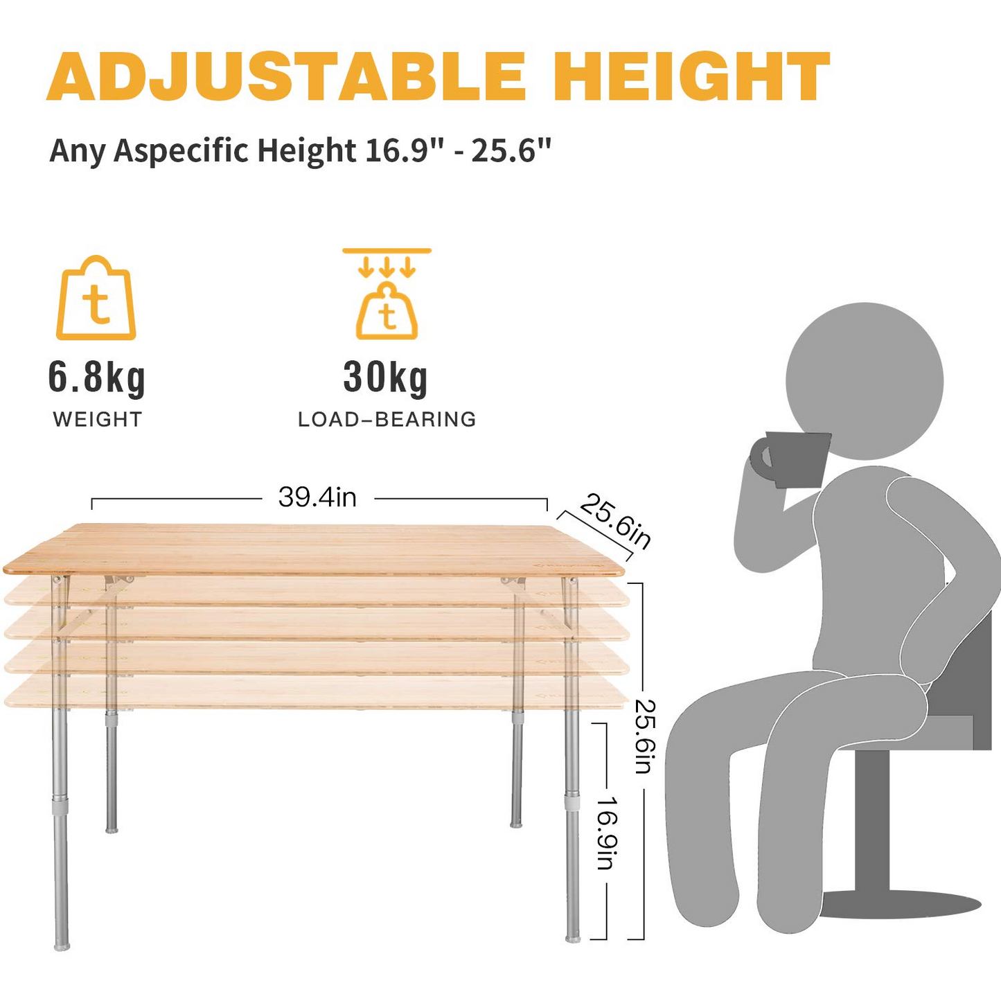 KingCamp Bamboo Folding Adjustable Height Table