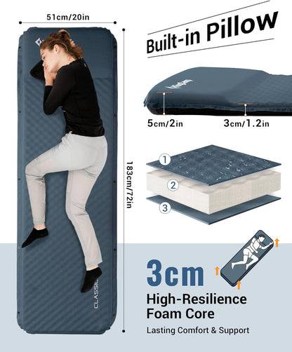 KingCamp Classic Light Self-Inflating Sleeping Mat - 5cm Thick with Pillow | Compact for UK Camping & Backpacking