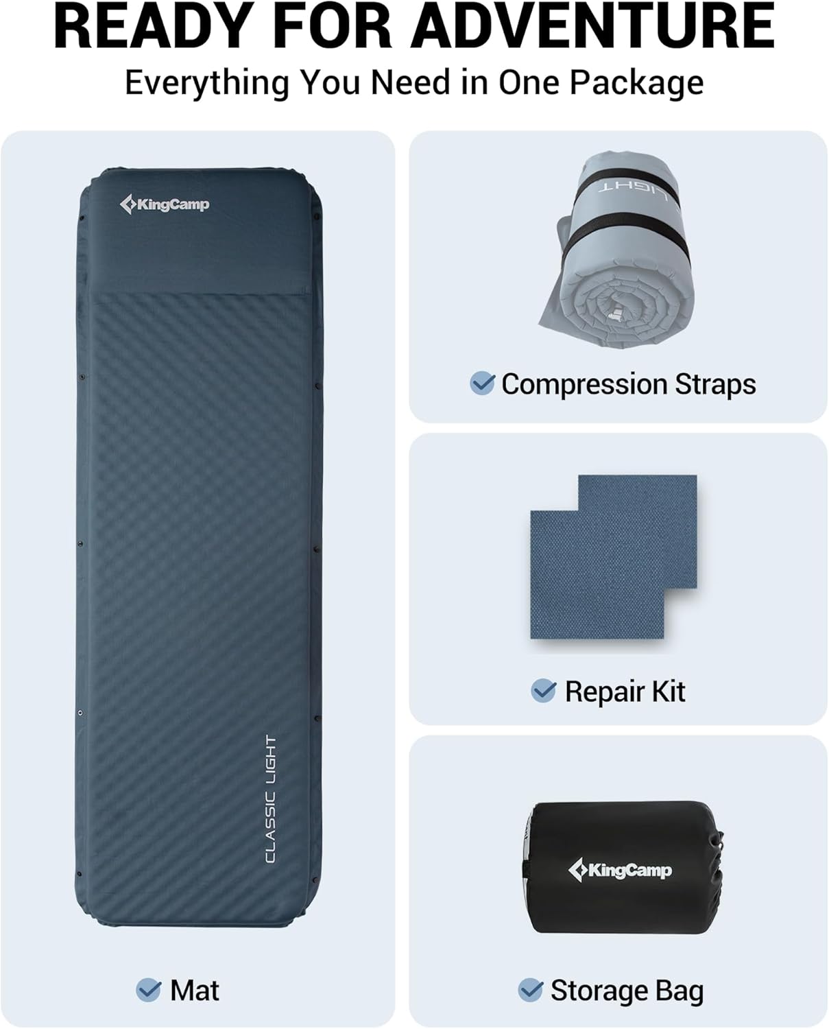 KingCamp Classic Light Self-Inflating Sleeping Mat - 5cm Thick with Pillow | Compact for UK Camping & Backpacking