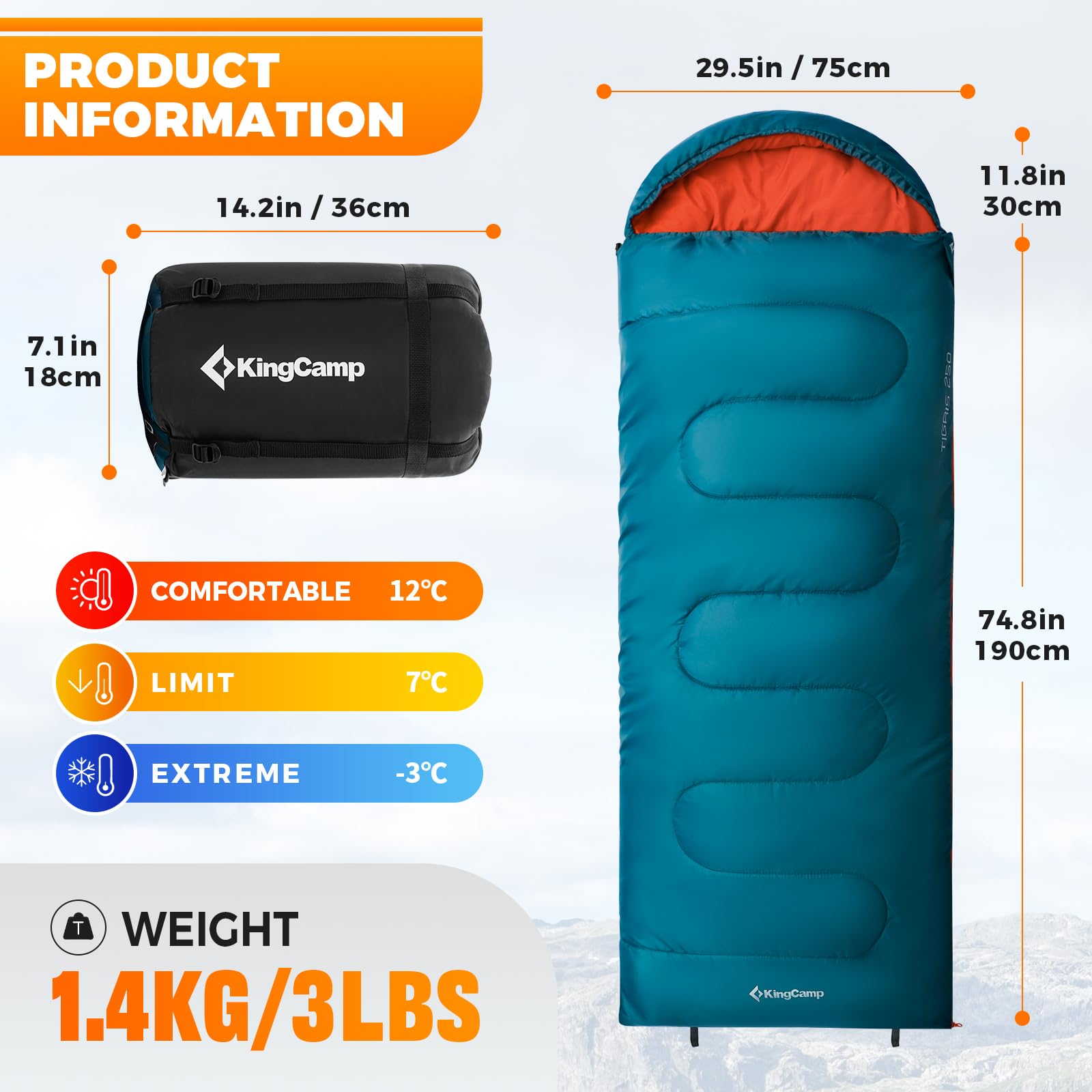 KingCamp TIGRIS 250 Sleeping Bag-Envelope With Hood