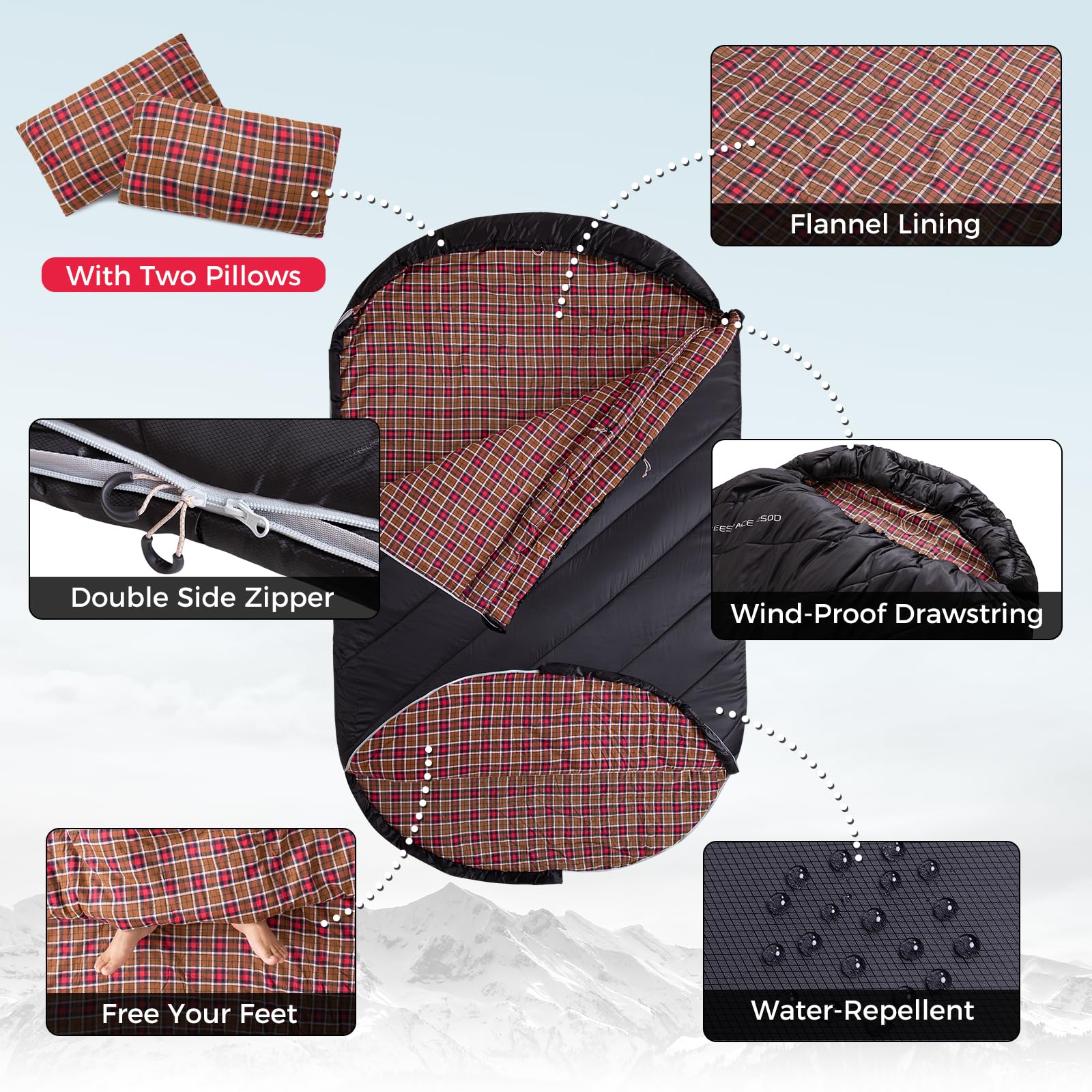 KingCamp FREESPACE 250D Double-Sized Sleeping Bag Flannel Lining