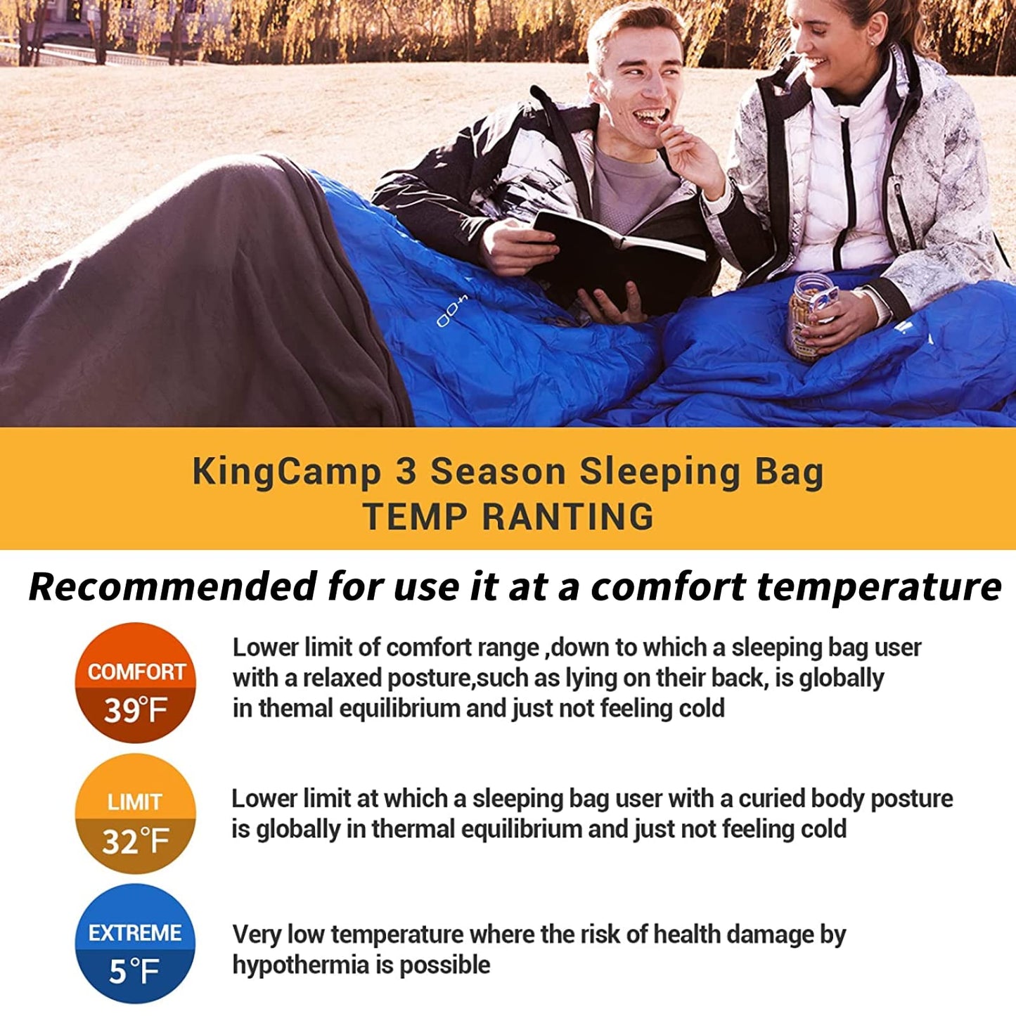 KingCamp CLOUDY 400 Sleeping Bag-Envelope With Hood 3 Season Sleeping Bag