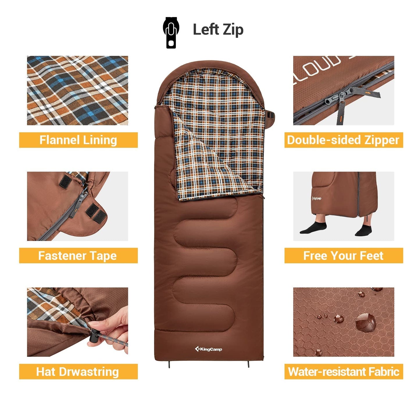 KingCamp CLOUDY 400 Sleeping Bag-Envelope With Hood Coffee