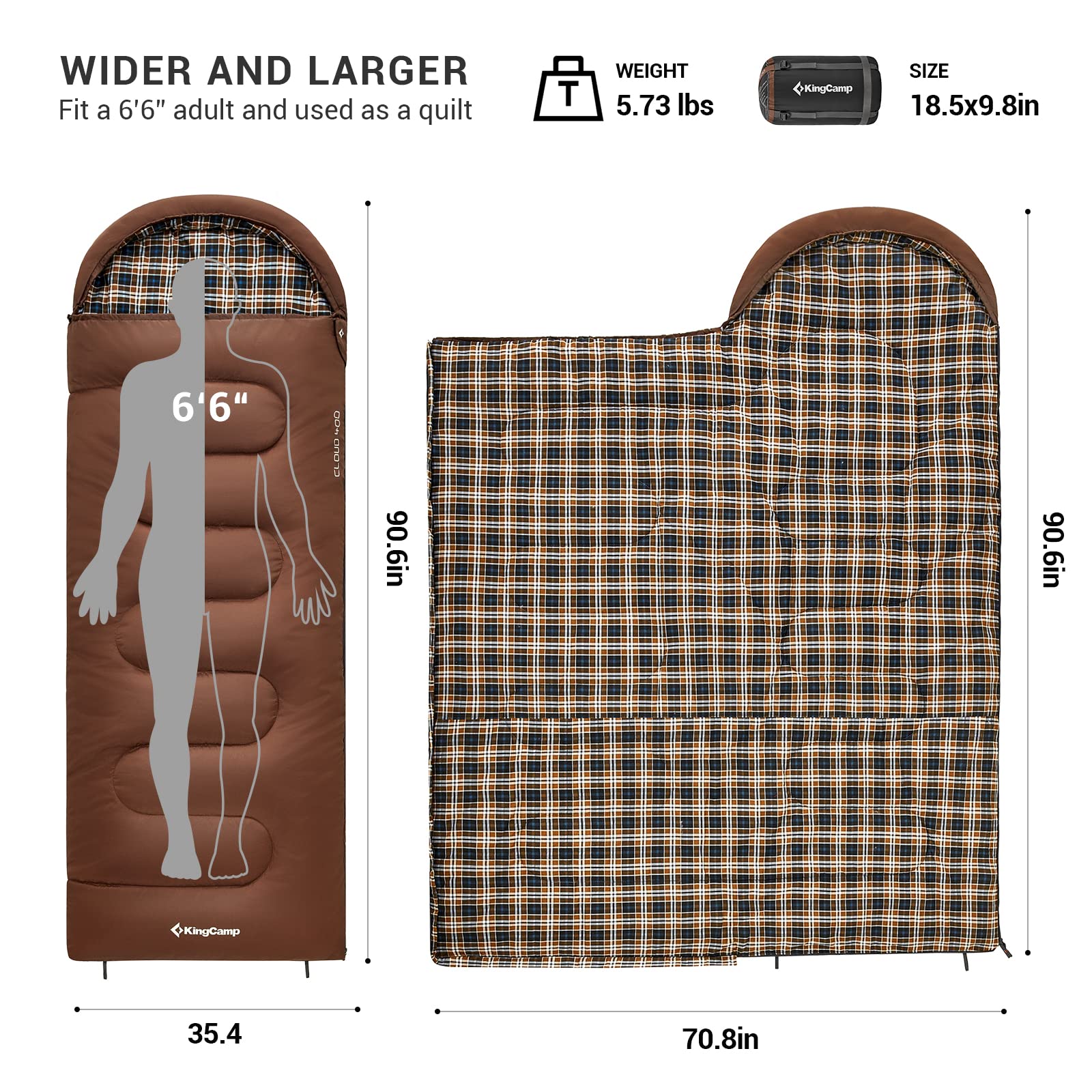 KingCamp CLOUDY 400 Sleeping Bag-Envelope With Hood Wider and Larger