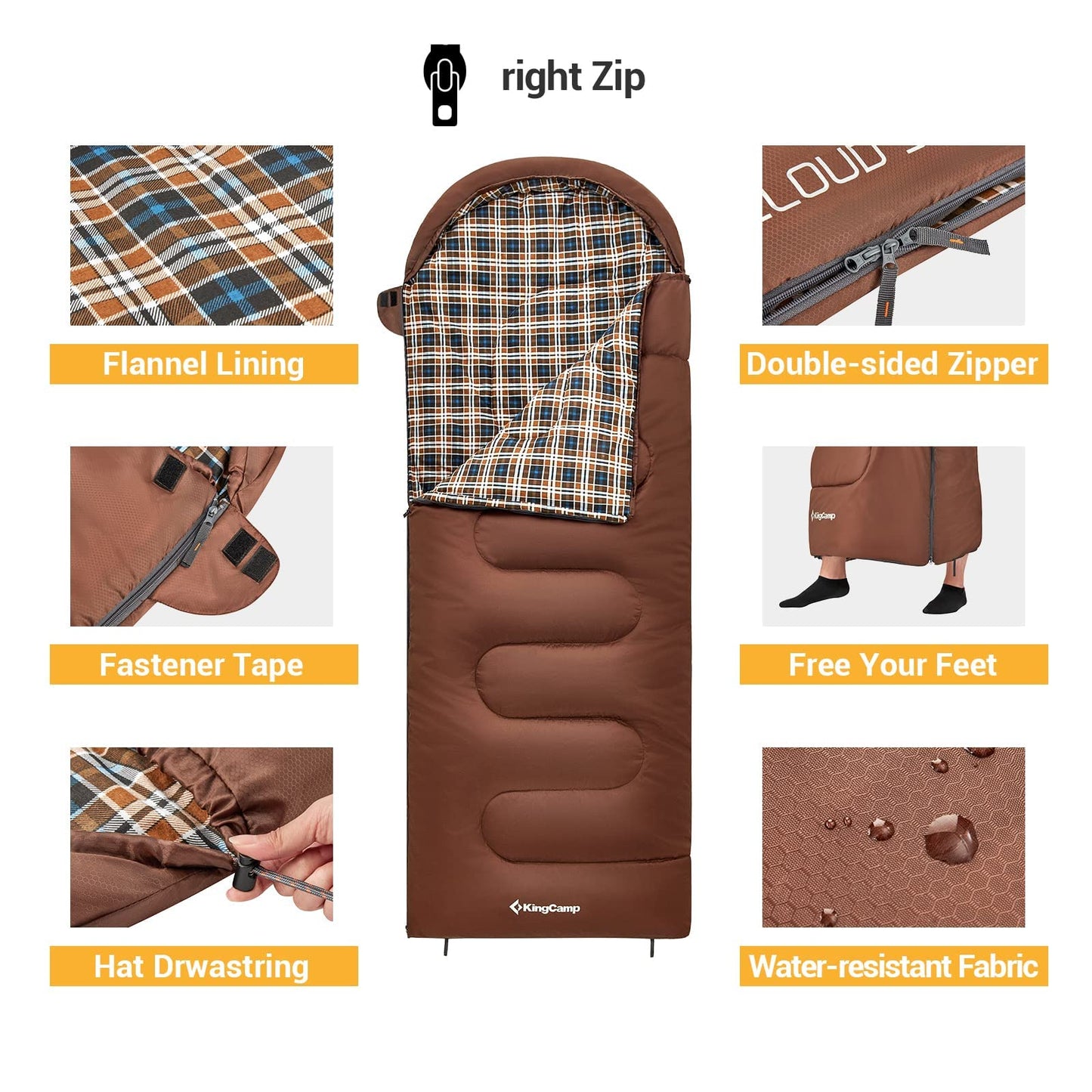 KingCamp CLOUDY 400 Sleeping Bag-Envelope With Flannel Lining