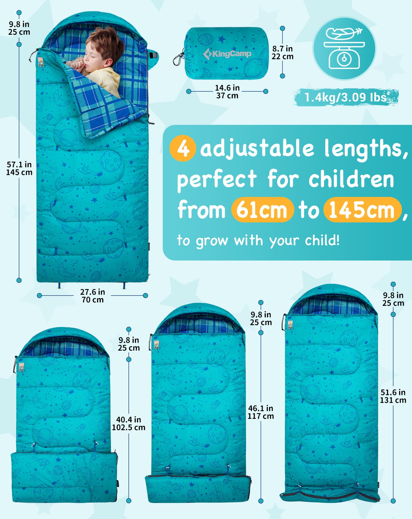 KingCamp Galaxy Zoo Children's Sleeping Bag – Adjustable Length for Growing Kids | 3 Season Camping & Sleepovers