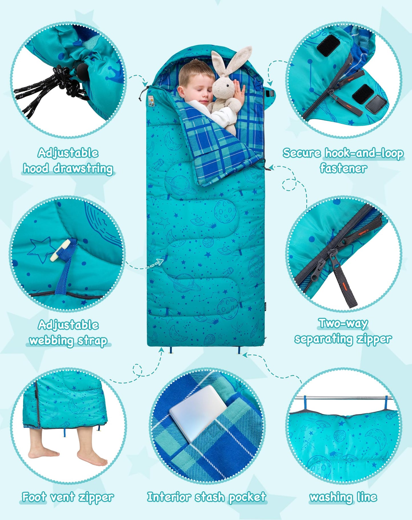 KingCamp Galaxy Zoo Children's Sleeping Bag – Adjustable Length for Growing Kids | 3 Season Camping & Sleepovers