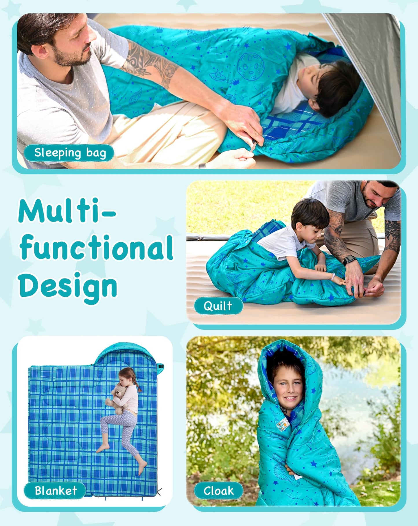 KingCamp Galaxy Zoo Children's Sleeping Bag – Adjustable Length for Growing Kids | 3 Season Camping & Sleepovers