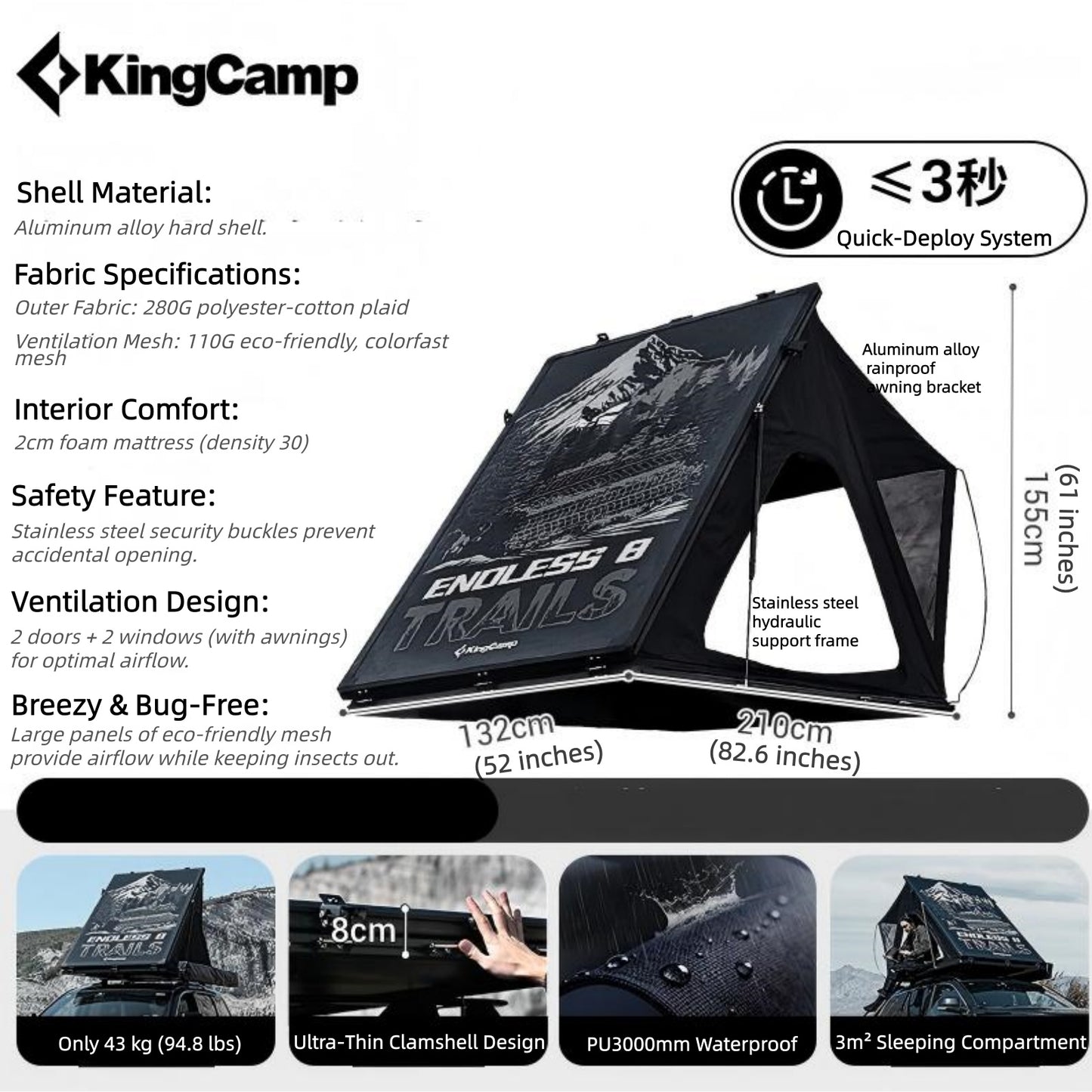 KingCamp ENDLESS 8 Rooftop Tent – Ultra-Thin 8cm Hard Shell, Waterproof & Lightweight for 4x4 & SUV Overlanding
