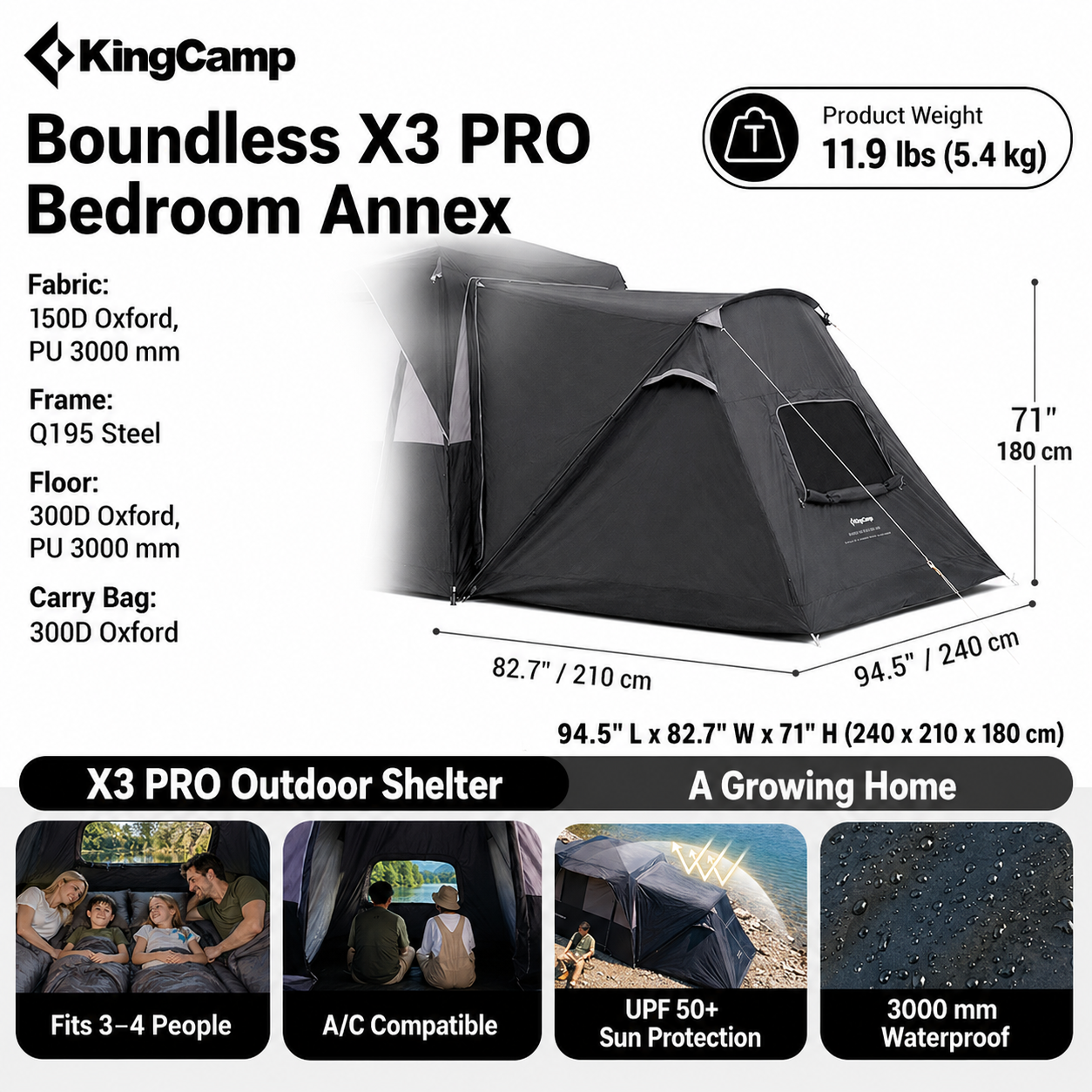 NEW | KingCamp BOUNDLESS X3 PRO Bedroom - Expandable Sleeping Attachment for SUV Tent, 3-4 Person Waterproof Shelter, Connects via Zipper