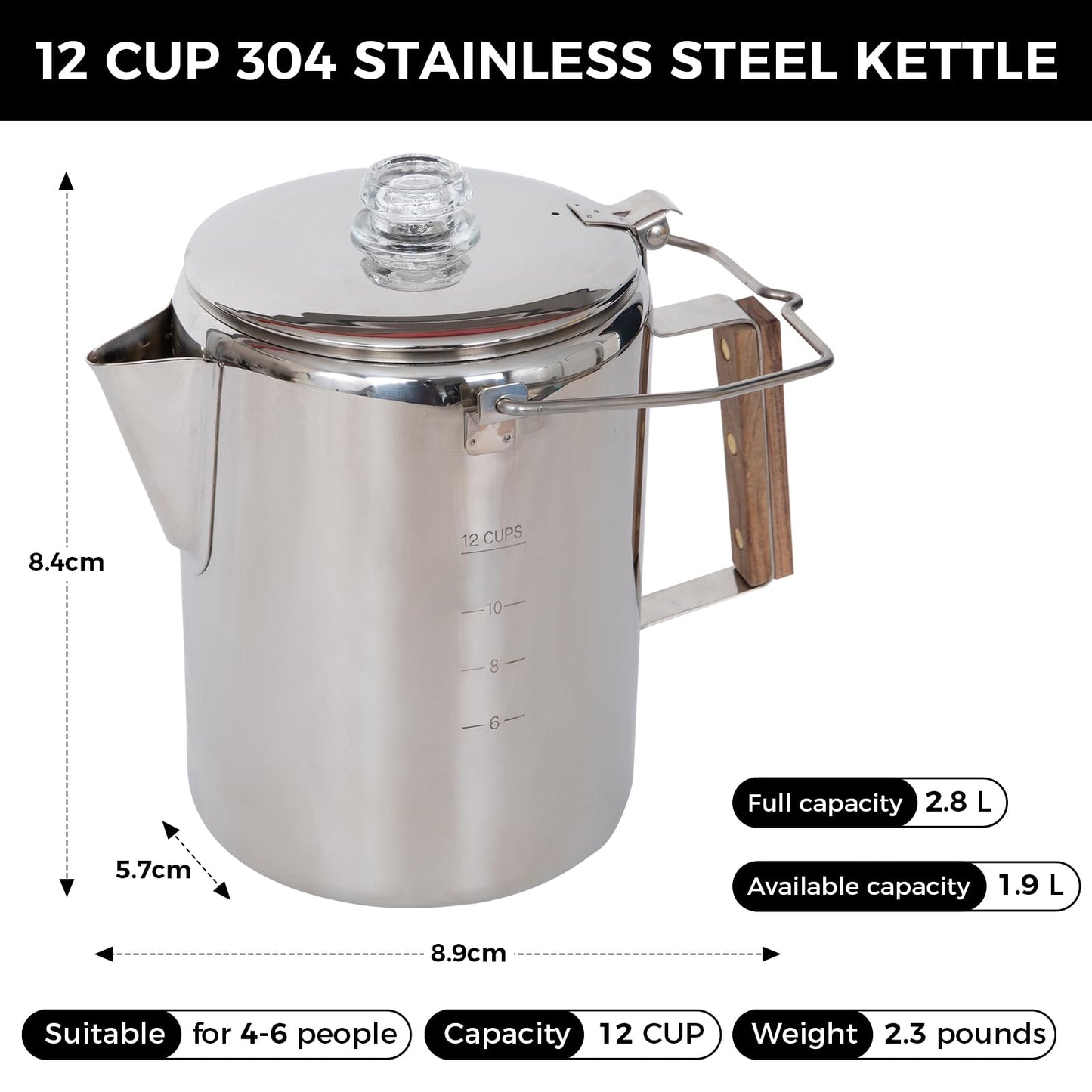 KingCamp Camping Coffee Pot, 12 Cup Stainless Steel Percolator - 304 Food-Grade, Wood Handle for Campfire, RV & Outdoor Brewing, No Aluminum