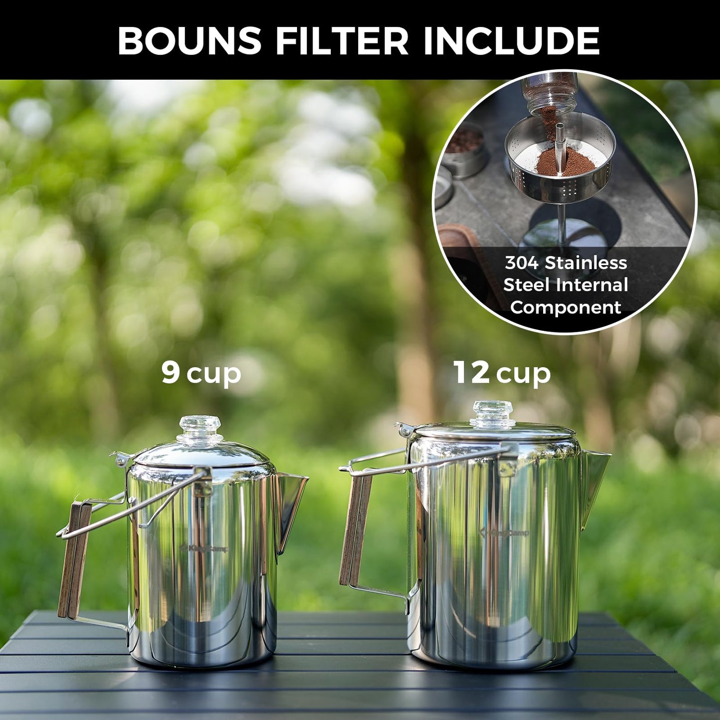 KingCamp Camping Coffee Pot, 12 Cup Stainless Steel Percolator - 304 Food-Grade, Wood Handle for Campfire, RV & Outdoor Brewing, No Aluminum