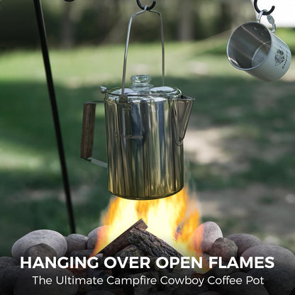 KingCamp Camping Coffee Pot, 12 Cup Stainless Steel Percolator - 304 Food-Grade, Wood Handle for Campfire, RV & Outdoor Brewing, No Aluminum