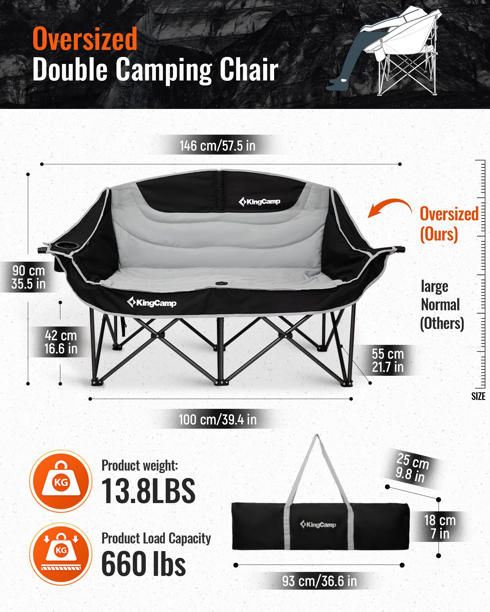 KingCamp Oversize Double Camping Loveseat ¨C Heavy-Duty Outdoor Chair with Cup Holders, Supports 660 lbs