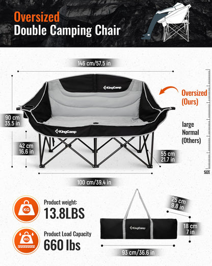 KingCamp Oversize Double Camping Loveseat ¨C Heavy-Duty Outdoor Chair with Cup Holders, Supports 660 lbs