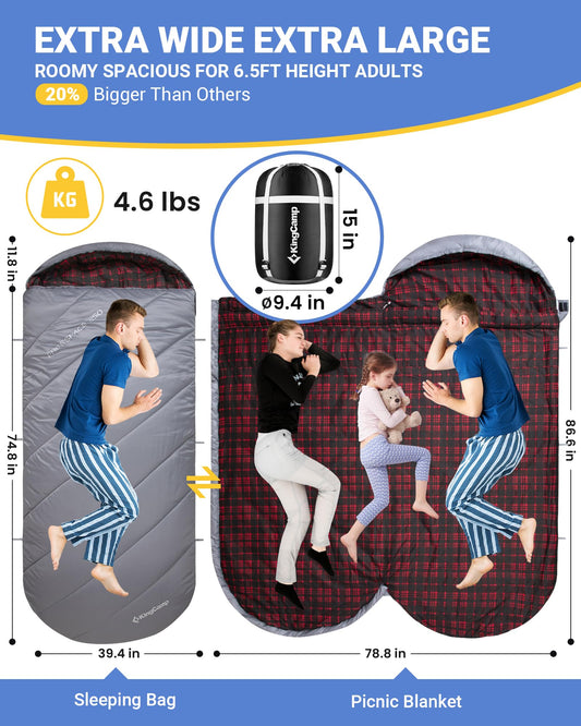 KingCamp FREESPACE 250 3-Season Plus Size Flannel Sleeping Bag Extra Wide Extra Large