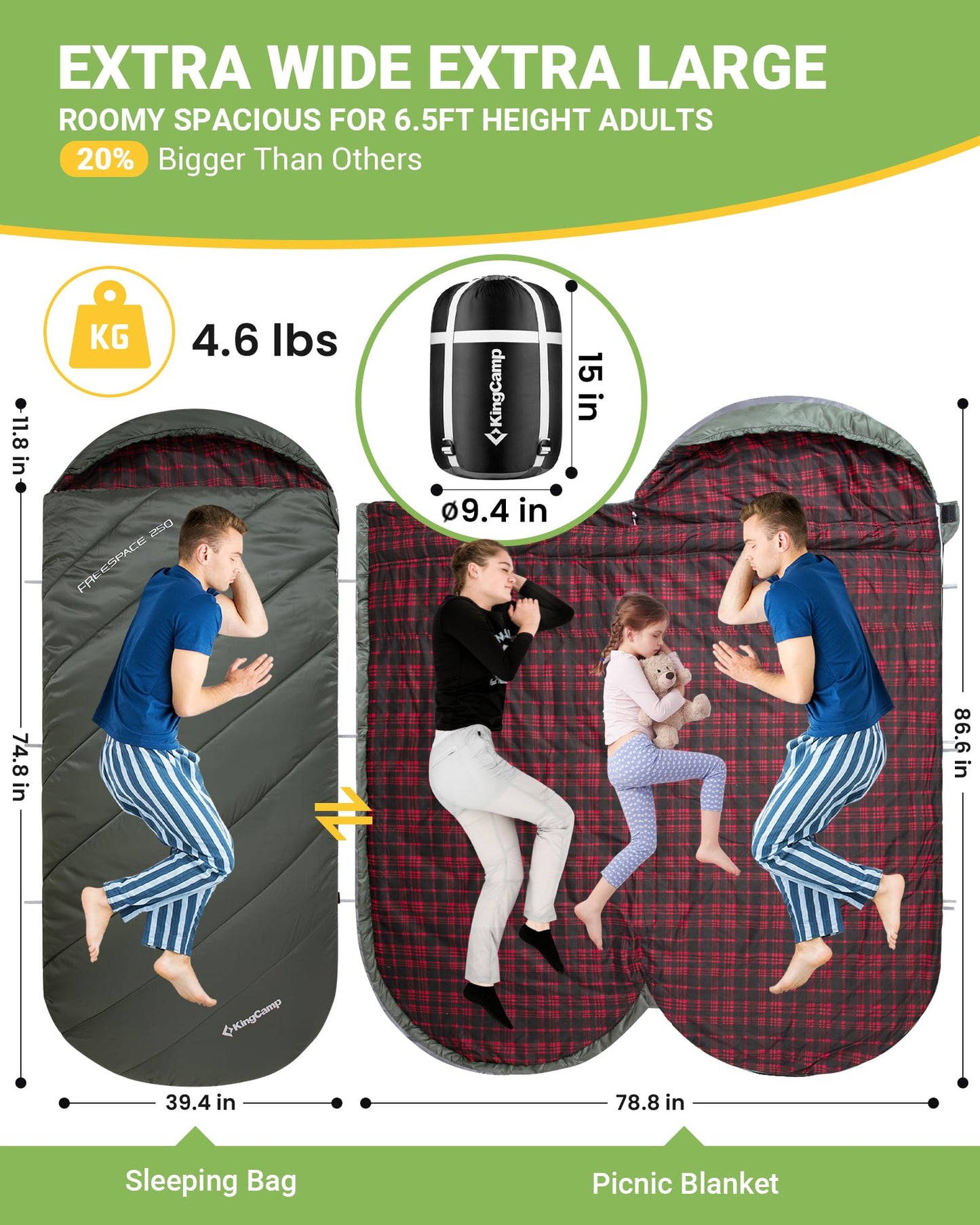 KingCamp FREESPACE 250 3-Season Plus Size Flannel Sleeping Bag Extra Large and Wide