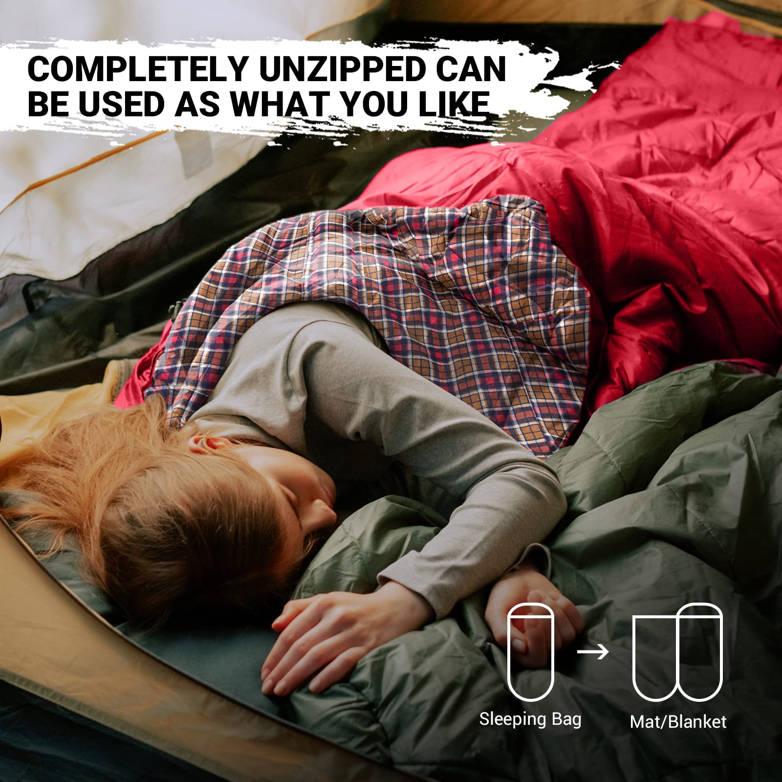 KingCamp FREESPACE 350 Flannel Sleeping Bag-Envelope With Hood Completely Unzipped can be Used as Blanket