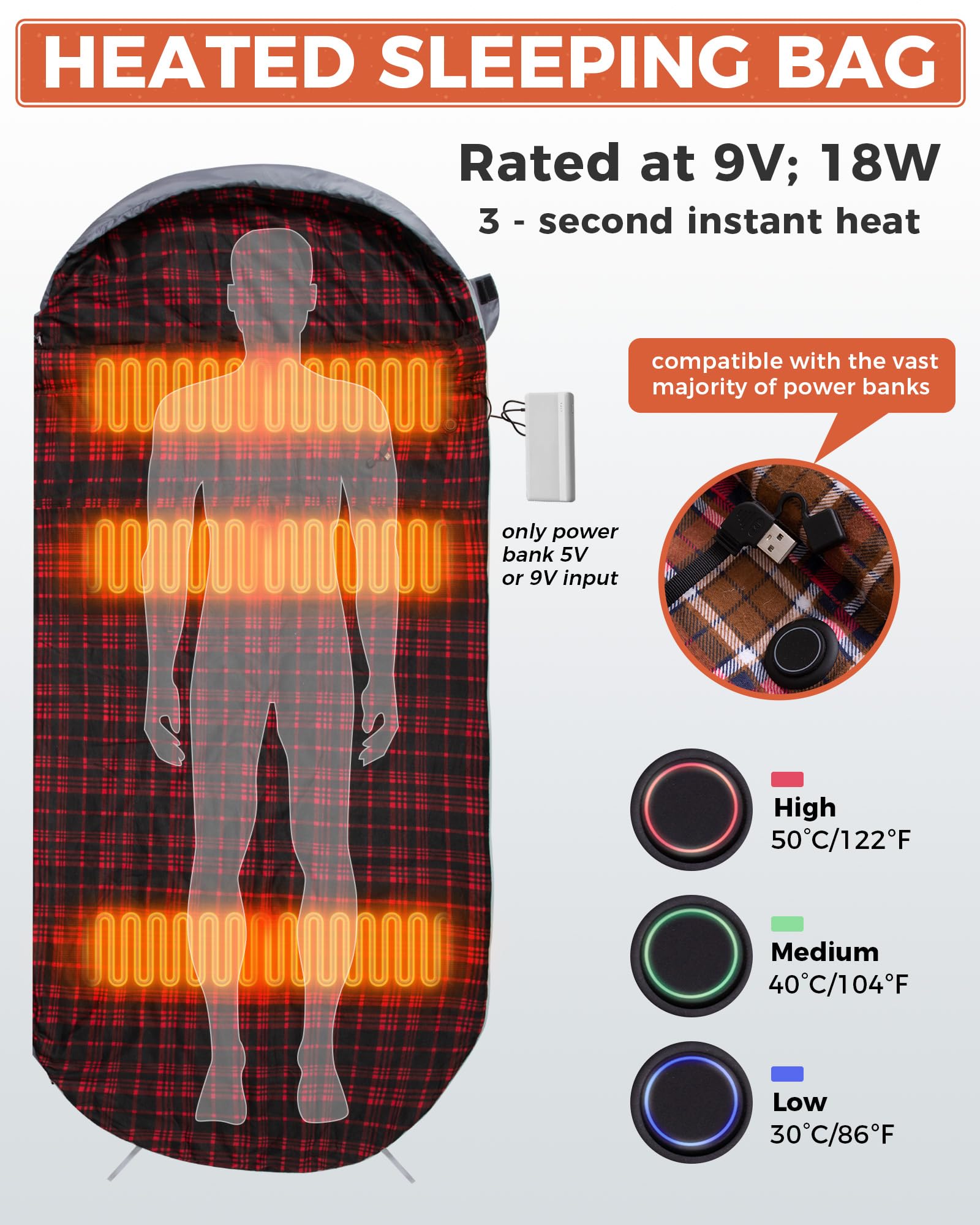 KingCamp FREESPACE HEATING 250 Heated Sleeping Bag ¨C Extra Wide, Cold Weather & Fast-Warming (17¡ãF to 54¡ãF)