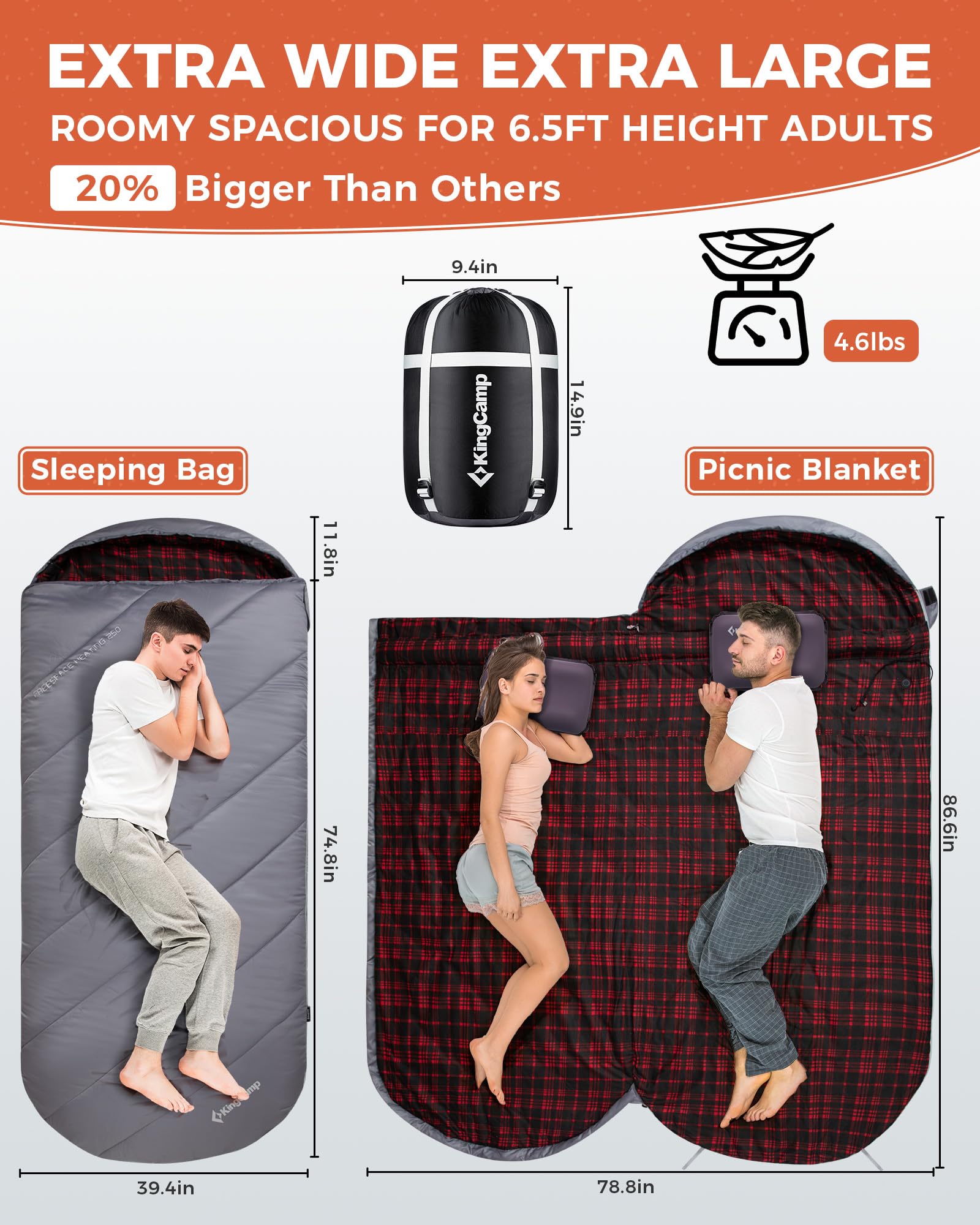 KingCamp FREESPACE HEATING 250 Heated Sleeping Bag ¨C Extra Wide, Roomy Spacious