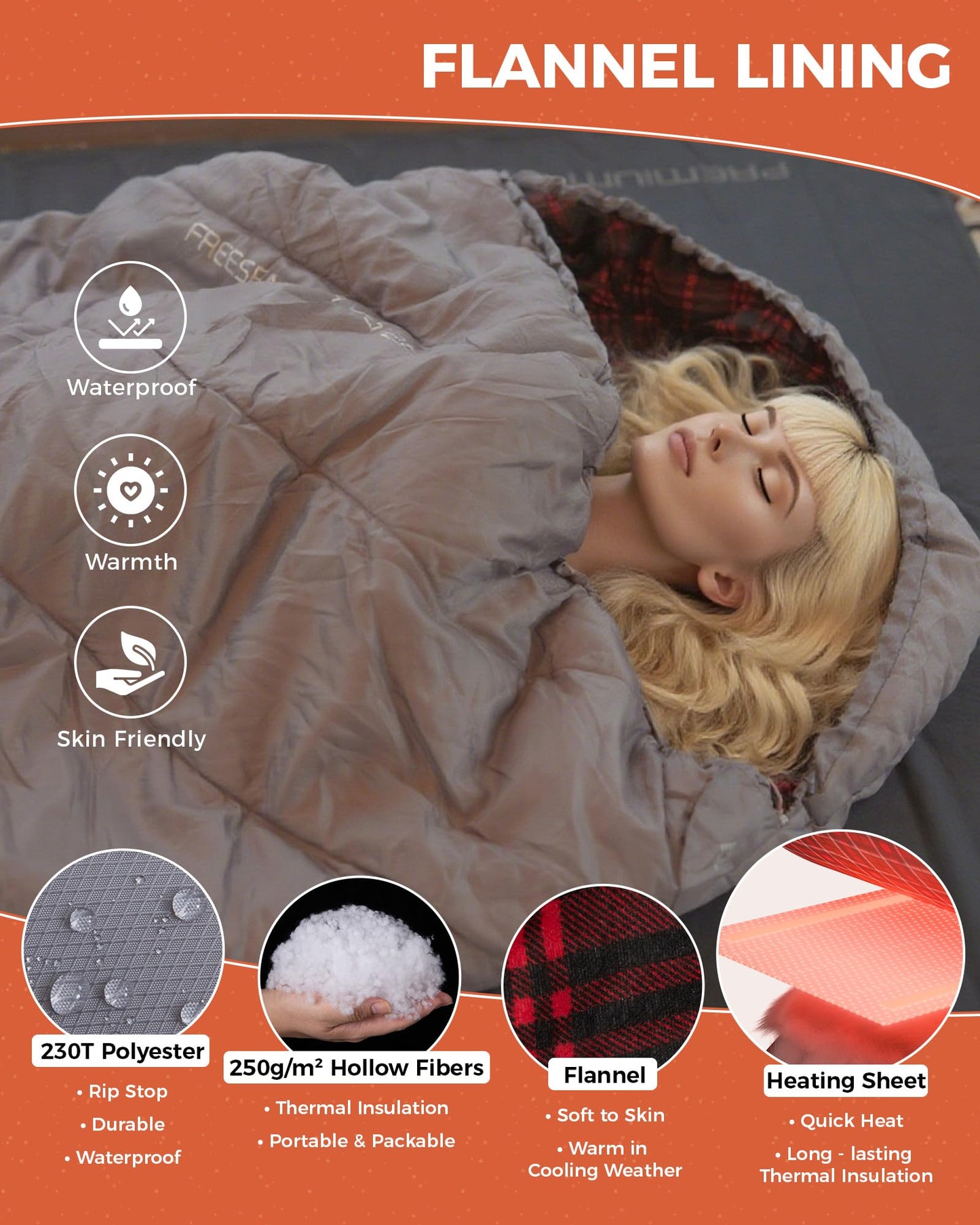 KingCamp FREESPACE HEATING 250 Heated Sleeping Bag ¨C Flannel Lining and Waterproof, Skin Friendly