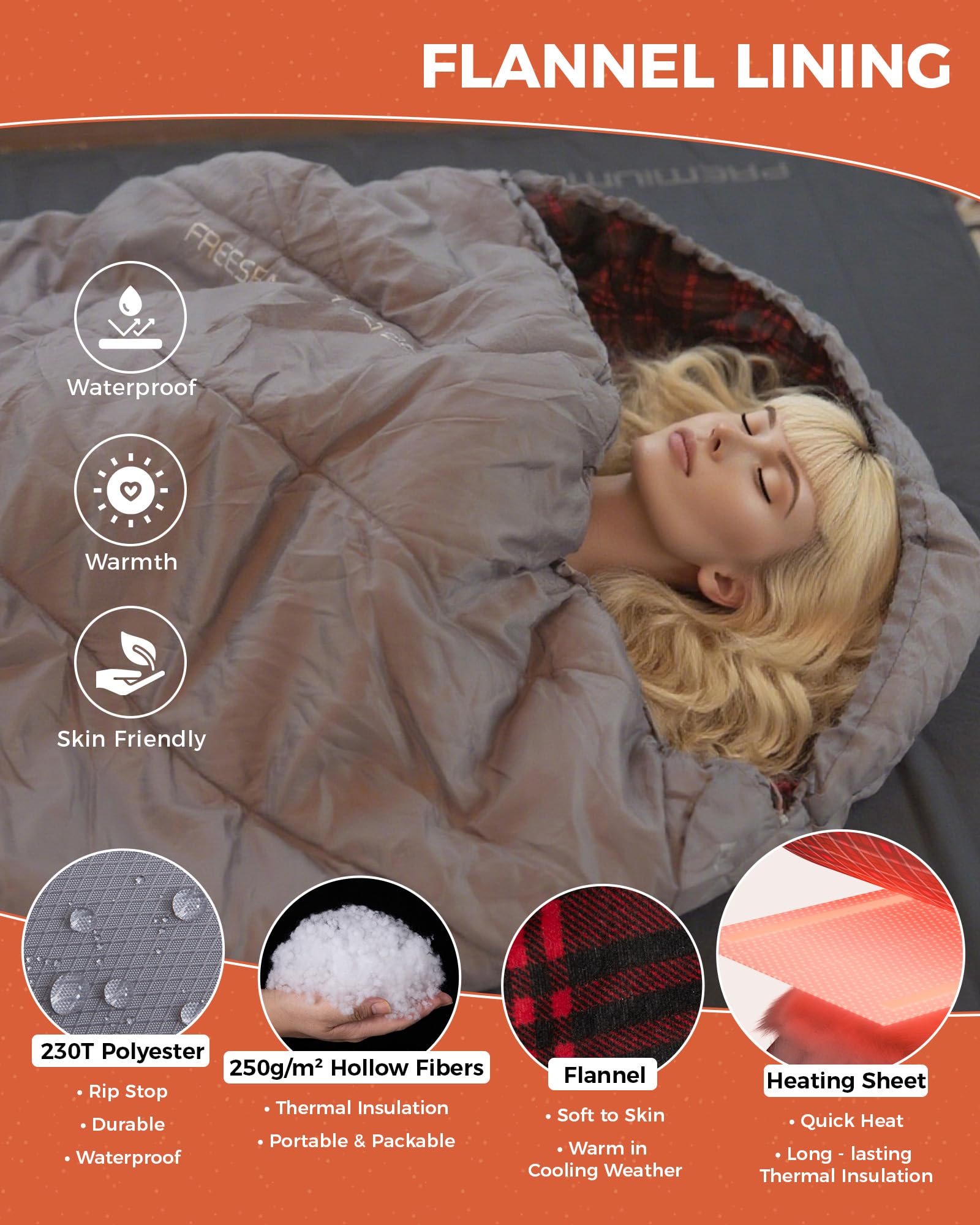 KingCamp FREESPACE HEATING 250 Heated Sleeping Bag ¨C Flannel Lining and Waterproof, Skin Friendly