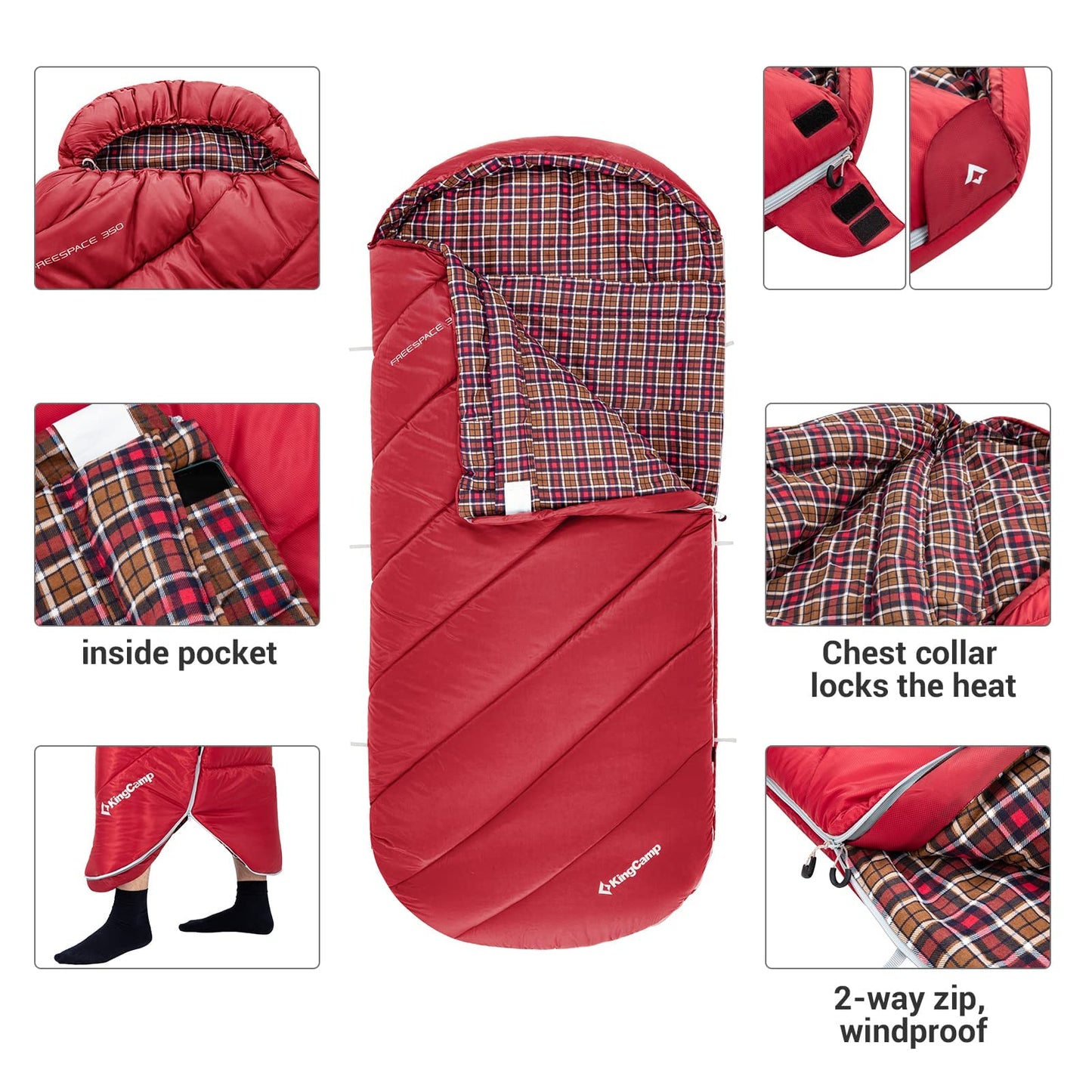 KingCamp FREESPACE 350 Flannel Sleeping Bag-Envelope With Hood Extra Large