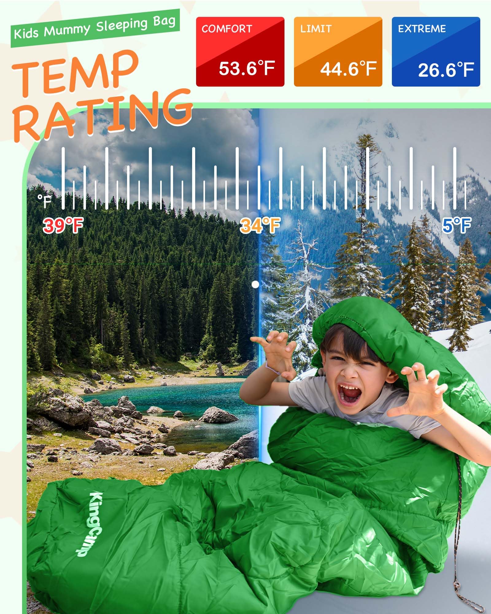 KingCamp Kids Mummy Sleeping Bag - Temperature Rating: 12??C / 7??C / -3??C (54??F / 45??F / 26??F)