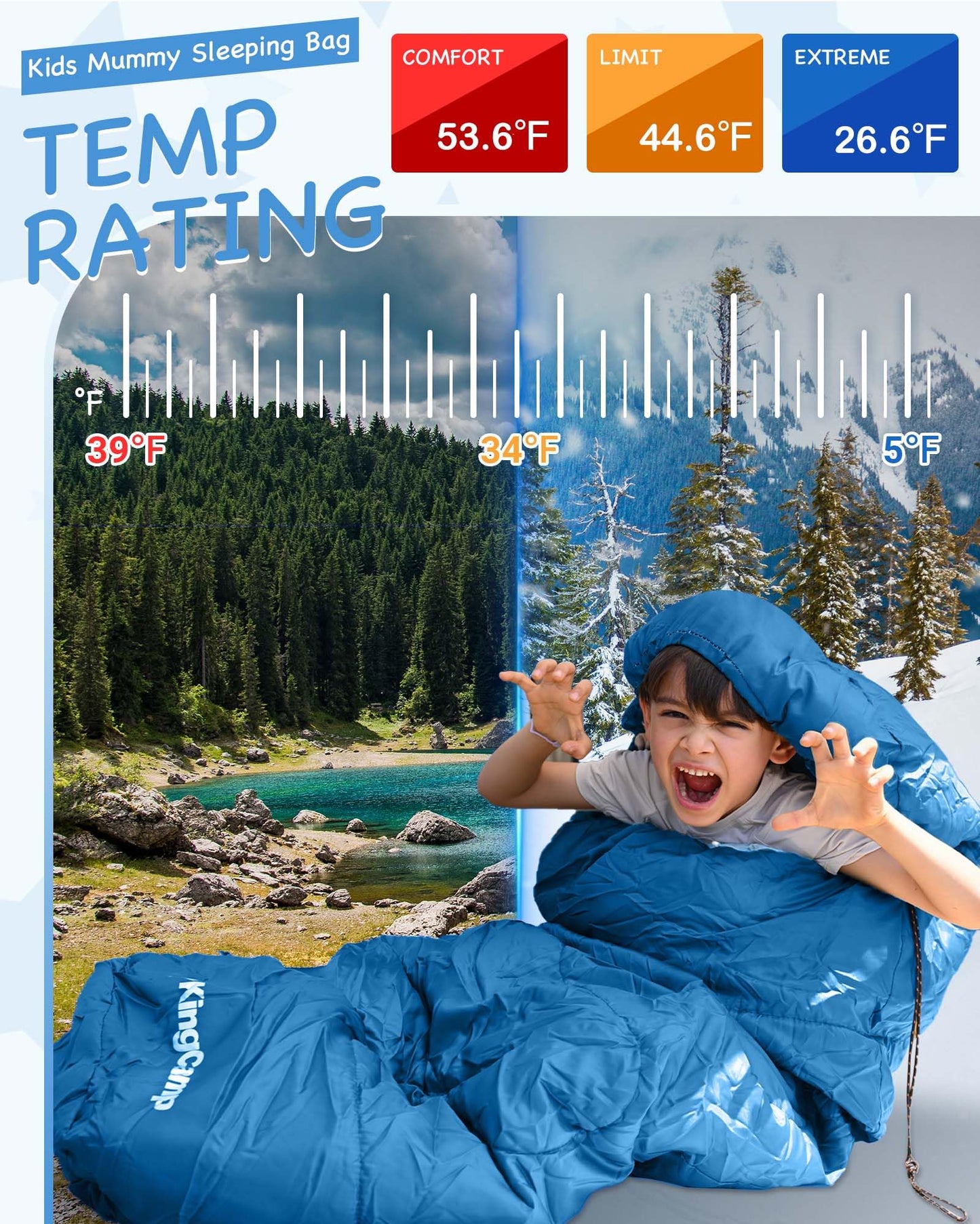 KingCamp Kids Mummy Sleeping Bag - Temperature Rating: 12??C / 7??C / -3??C (54??F / 45??F / 26??F)
