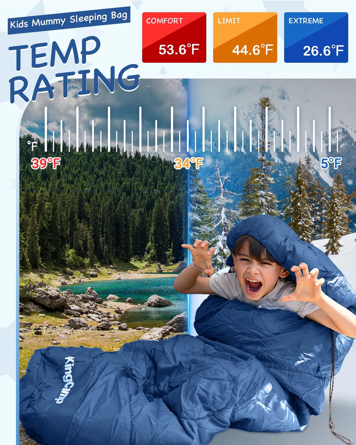 KingCamp Kids Mummy Sleeping Bag - Temperature Rating: 12??C / 7??C / -3??C (54??F / 45??F / 26??F)