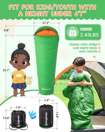 KingCamp Kids Mummy Sleeping Bag - 3-Season Warm & Snug Fit for Camping, Ages 8-12 (up to 4'7" Tall)