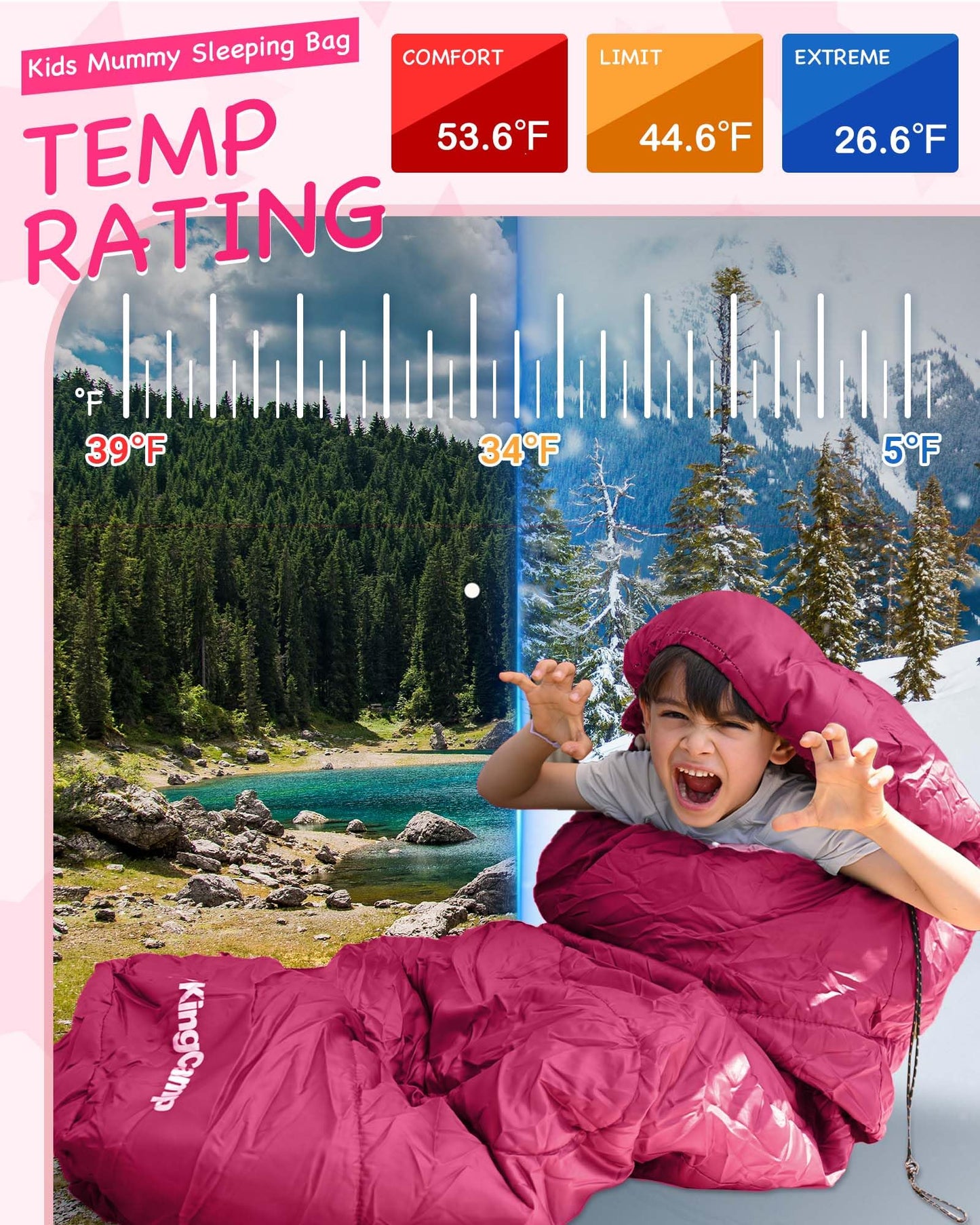KingCamp Kids Mummy Sleeping Bag Pink - 100% Cotton Flannel Lining Temperature Rating: 12??C / 7??C / -3??C (54??F / 45??F / 26??F)