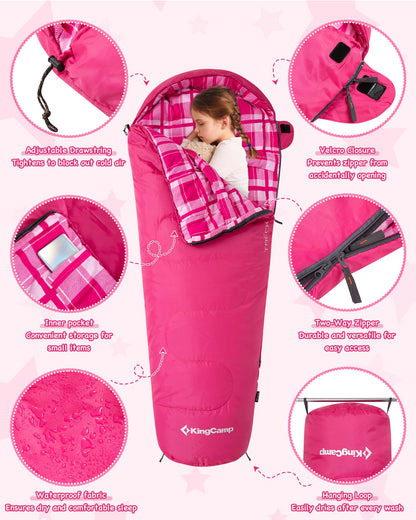 KingCamp Kids Mummy Sleeping Bag with Adjustable Drawstring Tightens to Block out cold air