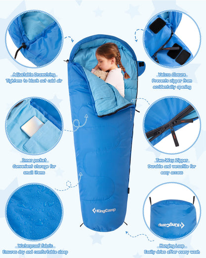 KingCamp Kids Mummy Sleeping Bag with Inner Pocket and Waterproof Fabric