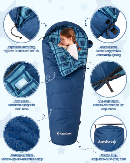 KingCamp Kids Mummy Sleeping Bag with Inner Pocket and Waterproof Fabric
