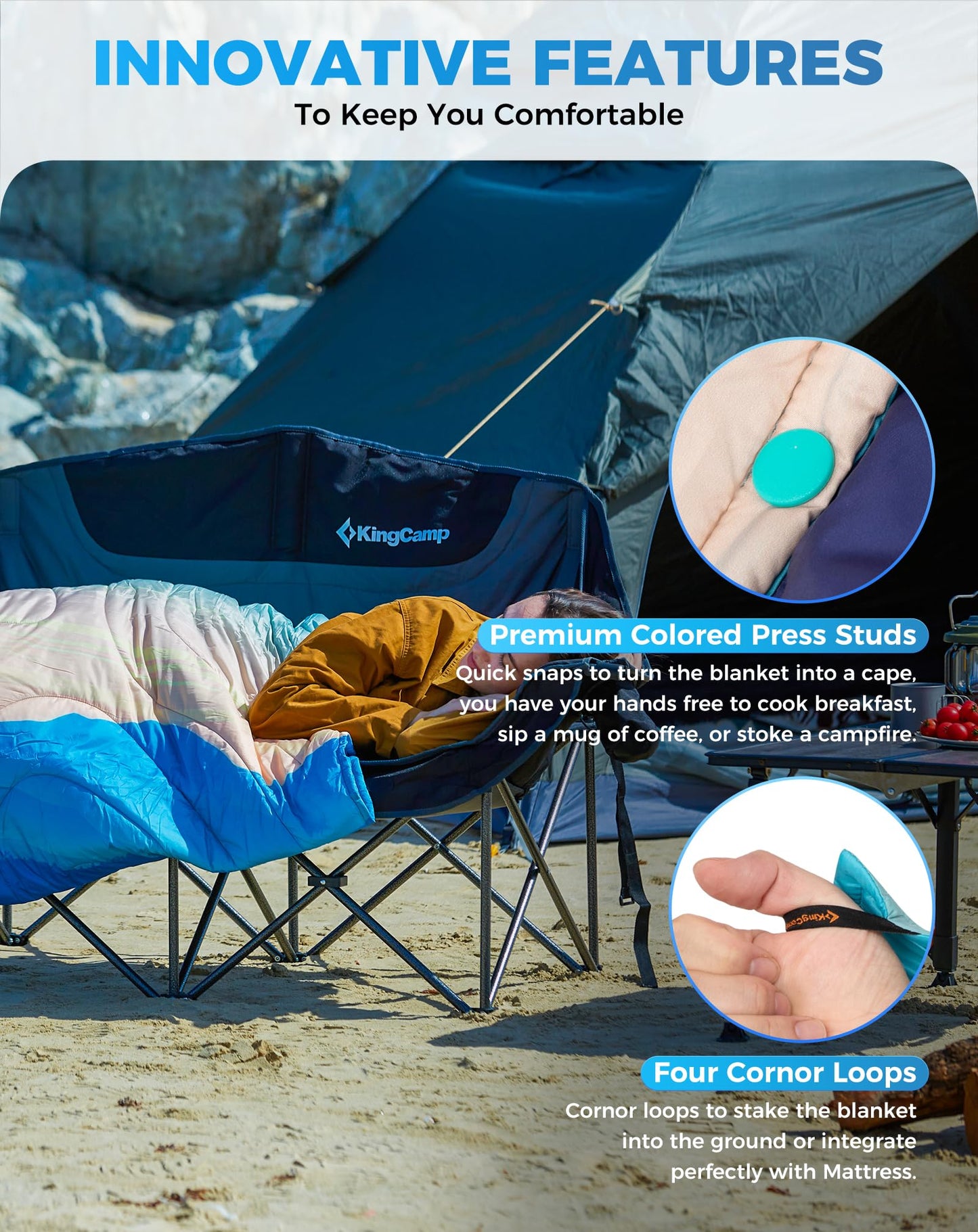 KingCamp SMART 150 XL Ultralight Camping Blanket â€?Packable, Wearable & Water-Repellent for Outdoor & Stadium Use with four cornor loops