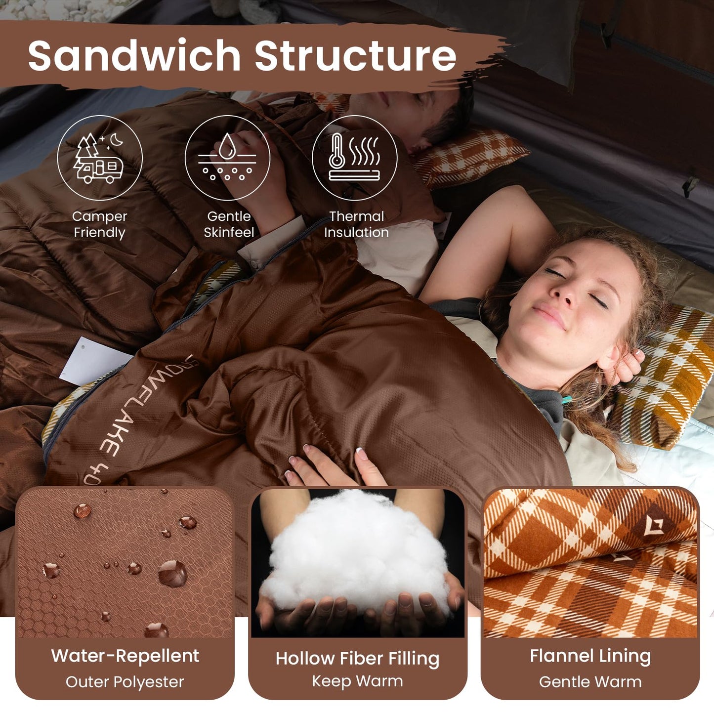 KingCamp SNOWFLAKE 400 Versatile All-Season Sleeping Bag ¨C Wide, Convertible to Double, Flannel Lined for Camping, Hiking, and Outdoor Adventures