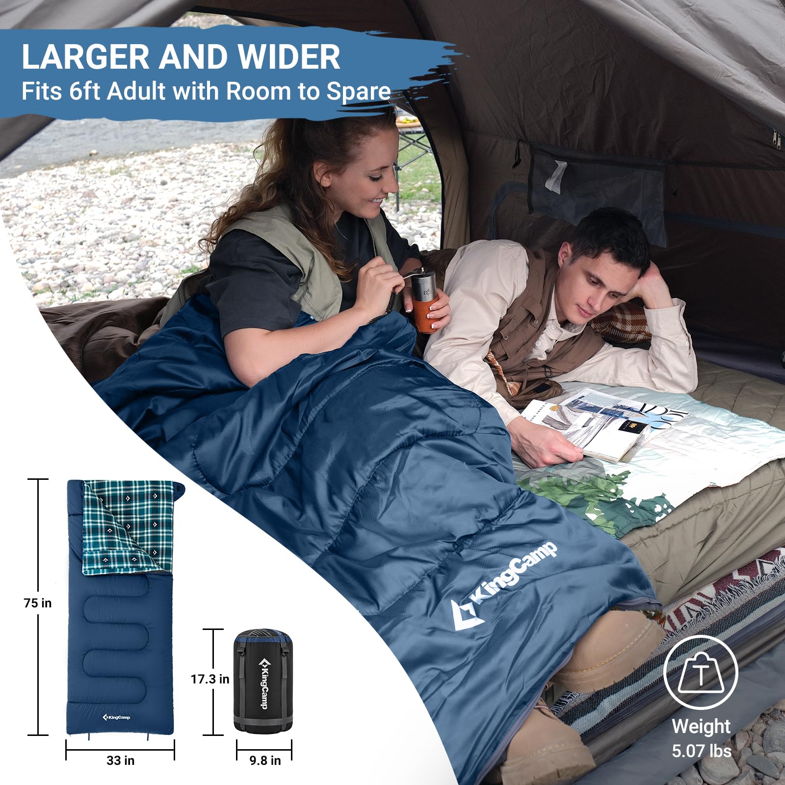 KingCamp SNOWFLAKE 400 Versatile All-Season Sleeping Bag ¨C Wide, Convertible to Double, Flannel Lined for Camping, Hiking, and Outdoor Adventures